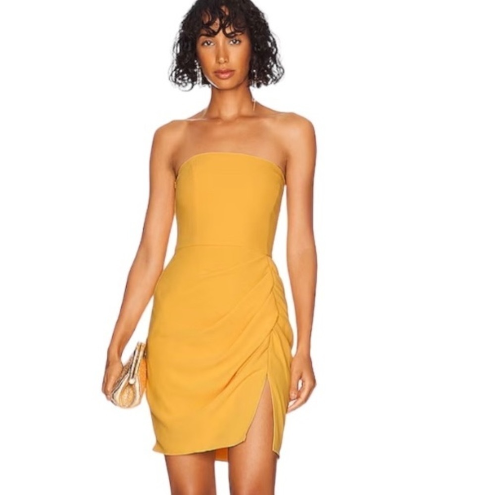 Amanda Uprichard Mustard Strapless Ruched Sheath Dress